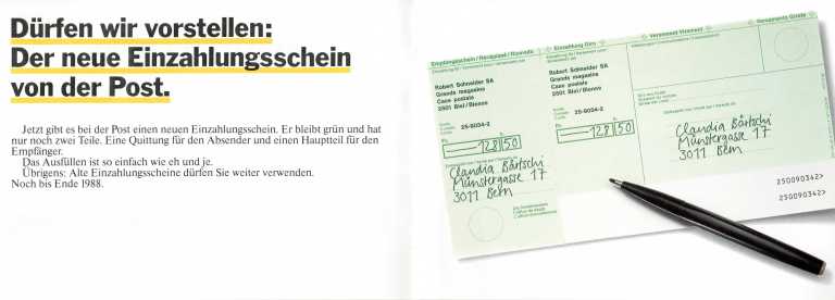 Kampagne zur Einführung des neuen grünen Einzahlungsscheines von 1985 I Quelle: PTT-Archiv, P-111-5_994-08011_B