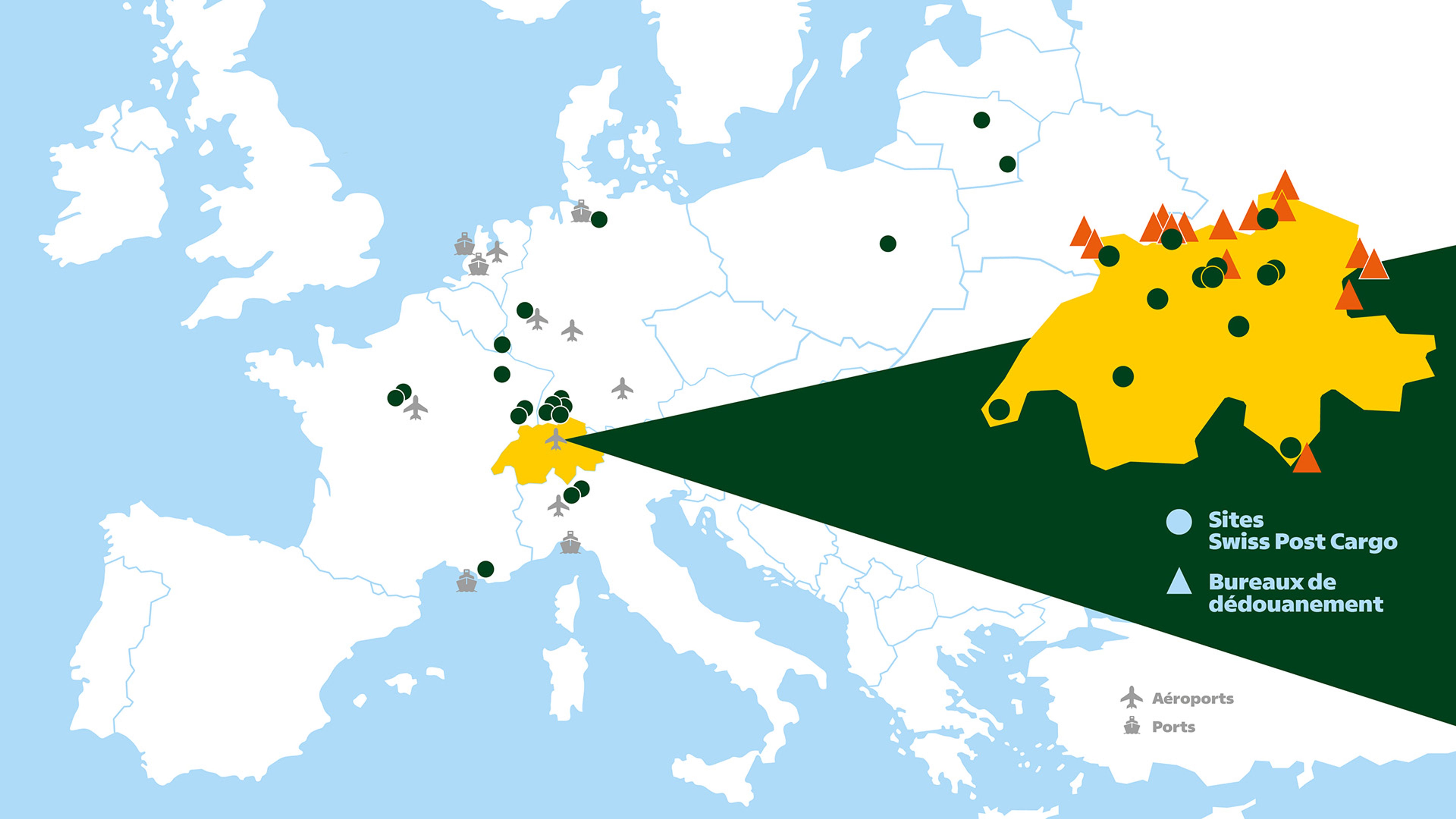 Carte de l’Europe avec les sites Swiss Post Cargo