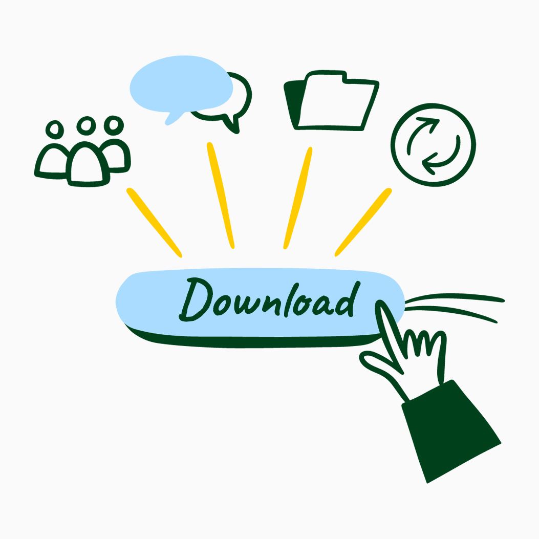 Illustration of a hand clicking on a glowing “Download” button. Above, four symbols are arranged: three figures, two speech bubbles, a folder, and a circle with two arrows.