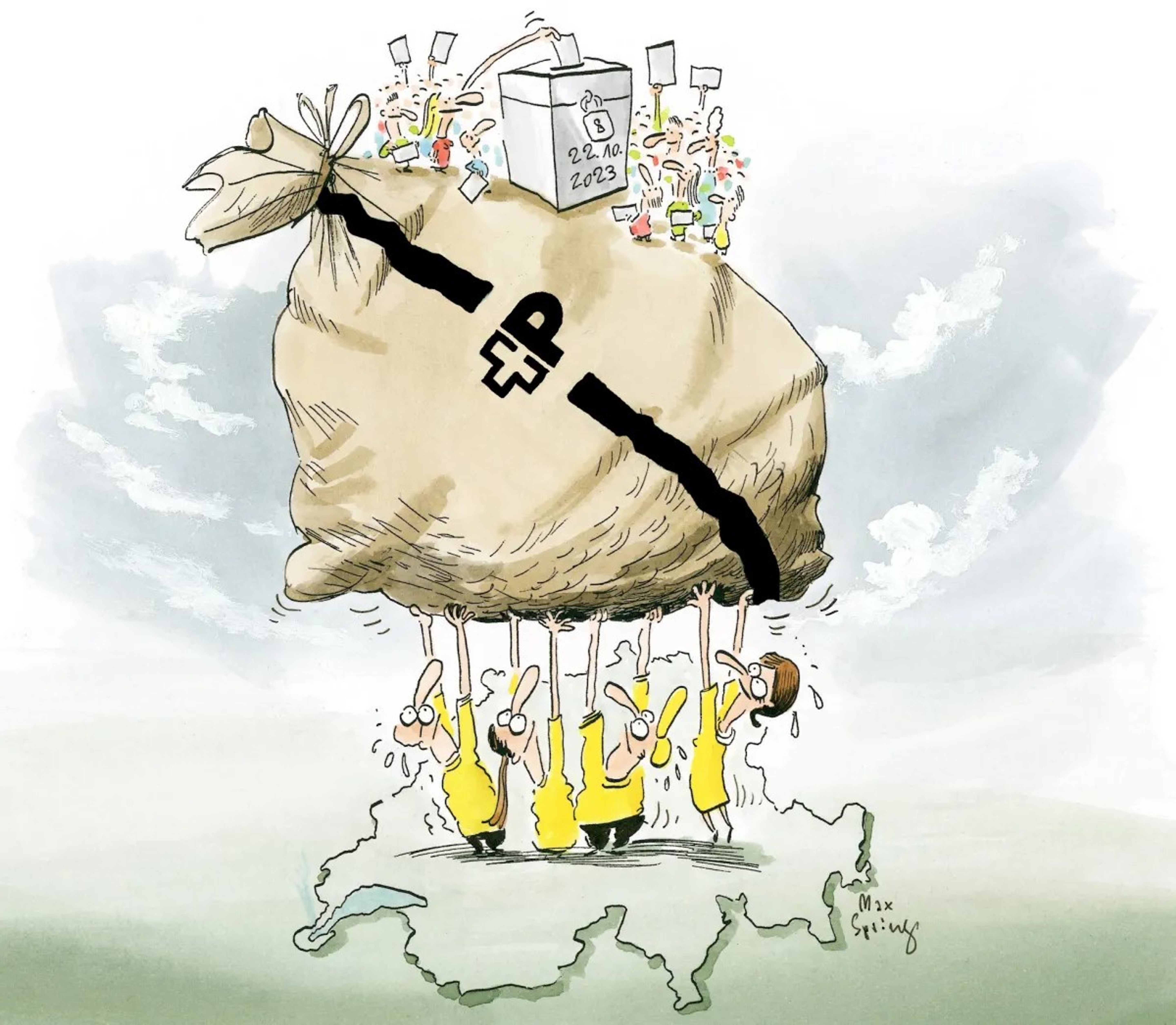 Karikatur: Mehrere Postmitarbeitende stemmen einen riesigen Postsack mit dem Post-Logo, aus dem oben eine Wahlurne und viele Stimmzettel herausragen. Auf der Wahlurne steht das Datum ‚22.10.2023‘. Der Sack schwebt über einer stilisierten Schweiz-Karte.