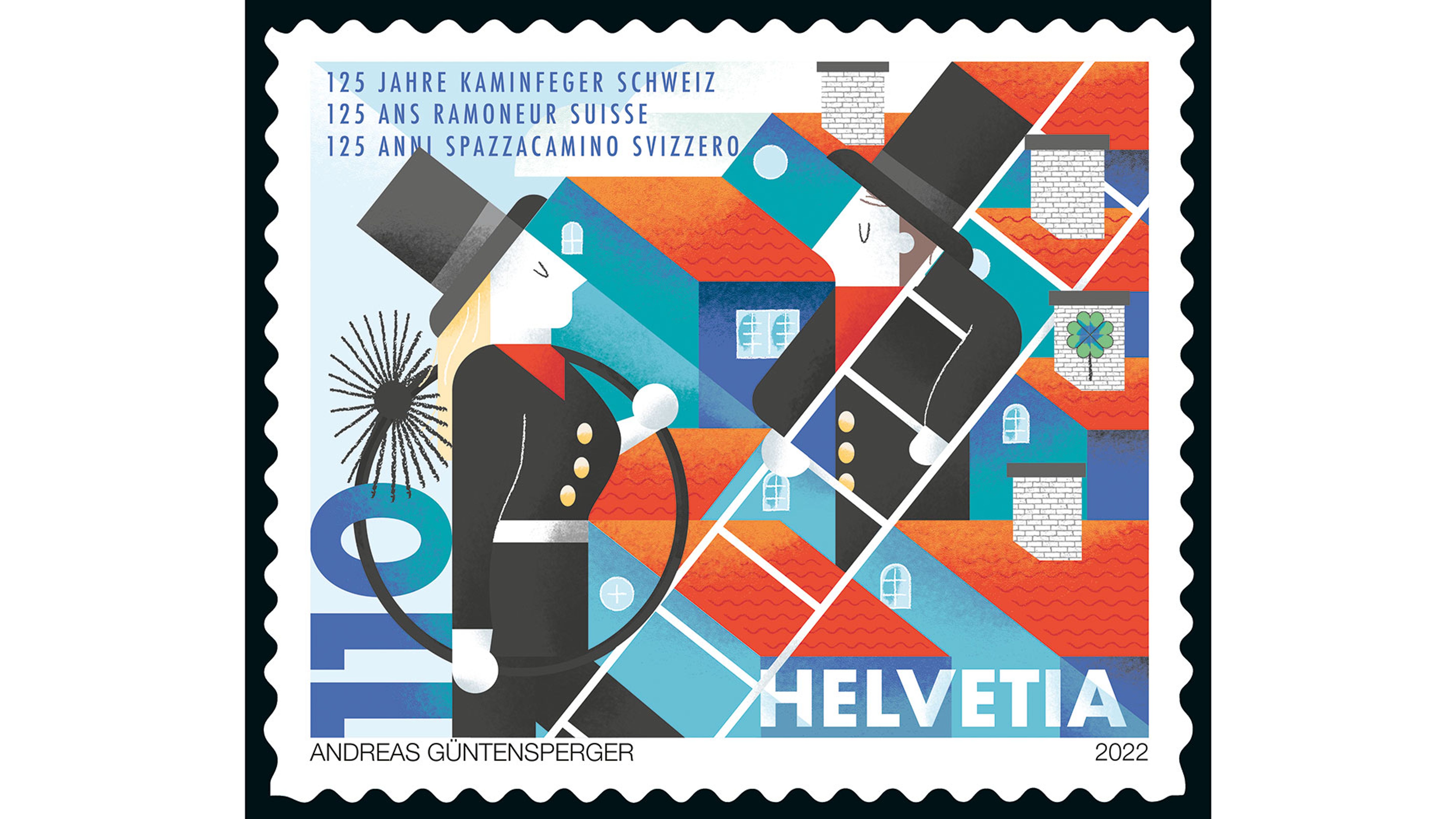 Timbre avec l’inscription « Helvetia » et le texte « 125 ans Ramoneur Suisse » en trois langues. Illustration de deux ramoneurs stylisés en tenue noire avec chapeau haut-de-forme, une échelle, toits rouges et façades bleues. À gauche, une brosse de cheminée. En bas, « Andreas Guntensperger » et l’année 2022.