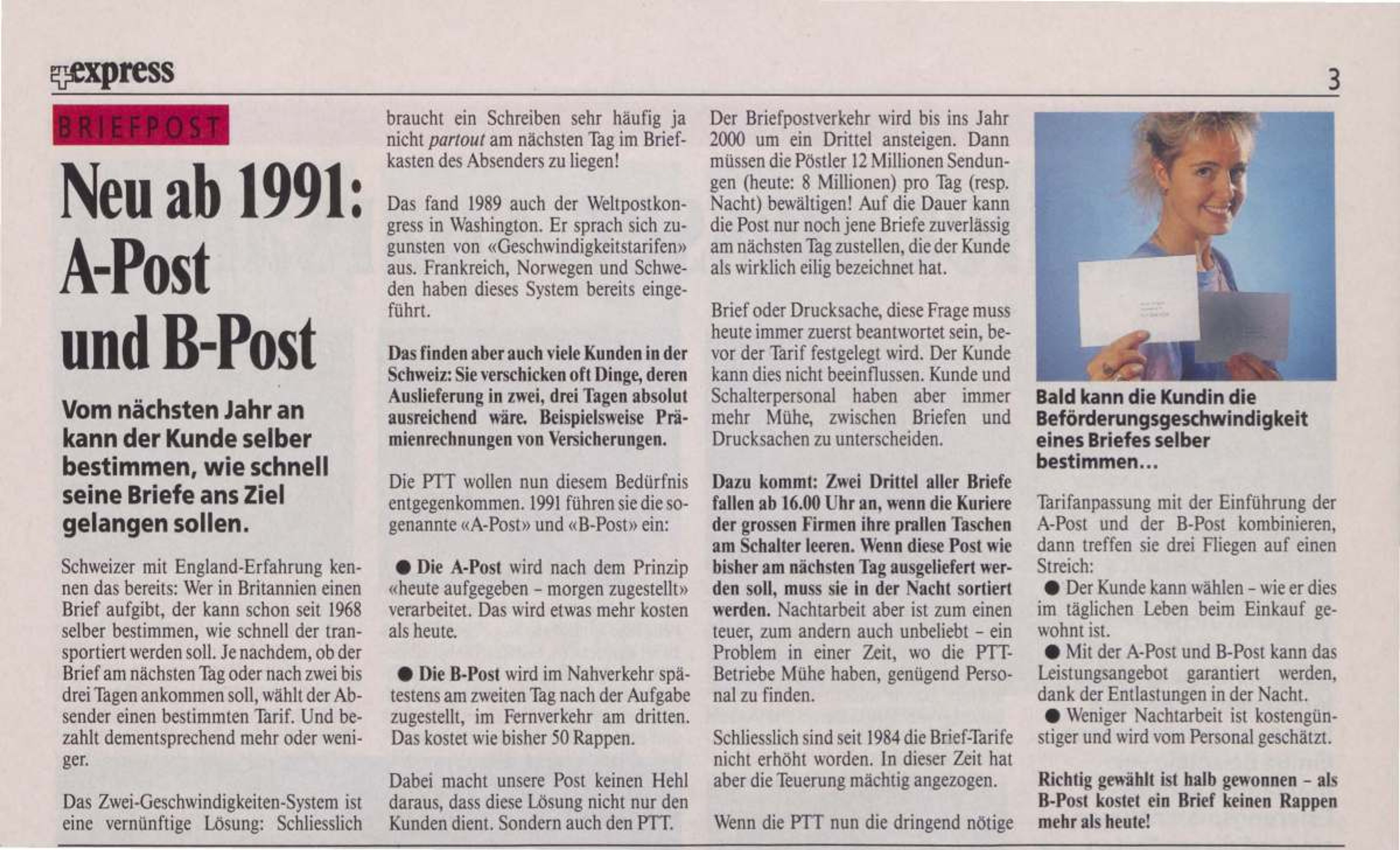 Extrait de journal du PTT-Express de 1990 avec le titre “Nouveau dès 1991 : A-Post et B-Post”. L’article explique l’introduction de deux vitesses d’acheminement pour les lettres en Suisse. À droite, une photo montrant une main tenant une enveloppe.