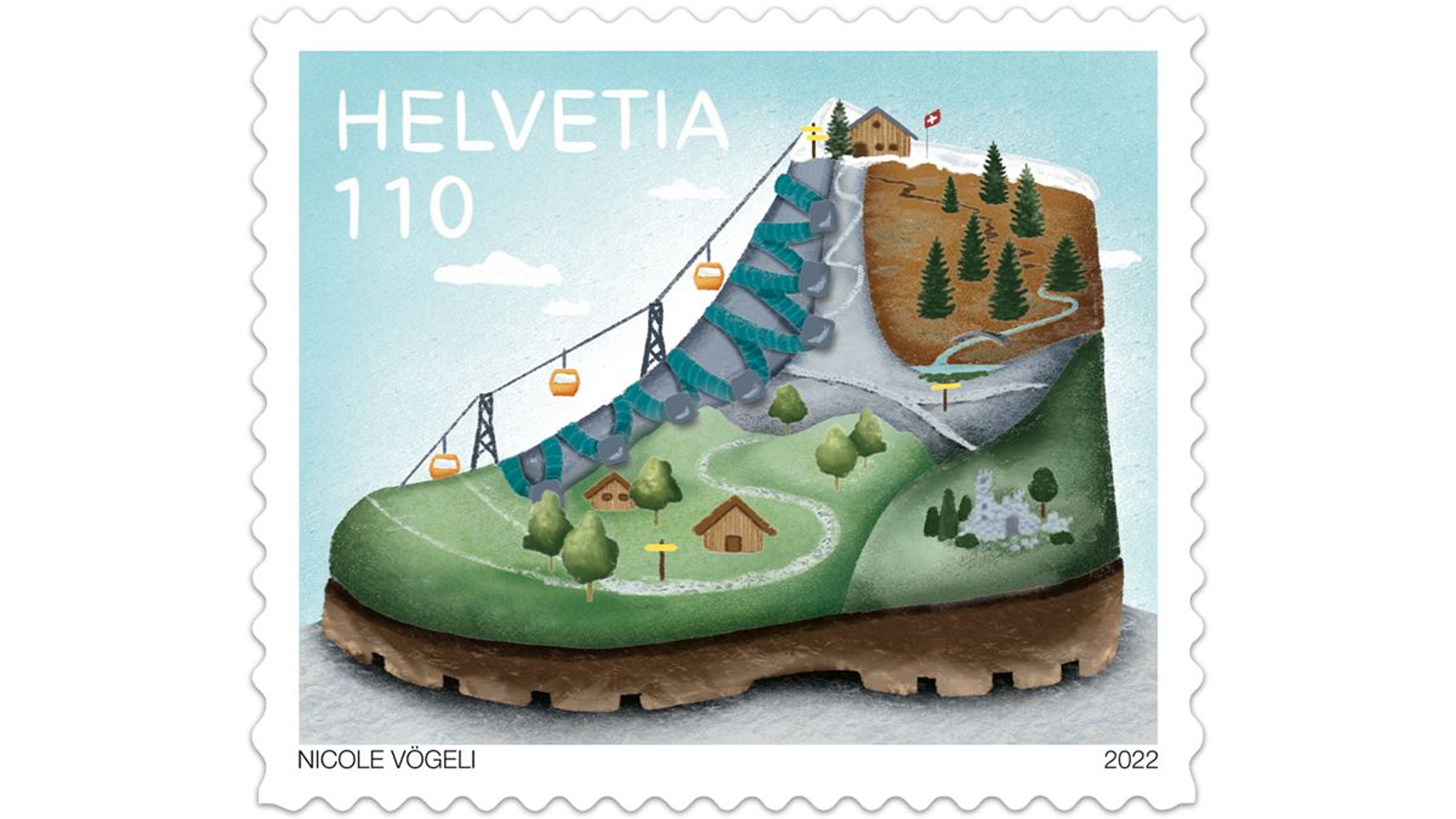 Briefmarke mit der Aufschrift ‚Helvetia 110‘. Illustration eines Wanderschuhs, der als Berglandschaft gestaltet ist: grüne Wiesen mit Hütten, Bäume, ein Wanderweg, Seilbahnkabinen und ein Gipfel mit Berghütte und Schweizer Fahne. Unten steht ‚Nicole Vögeli‘ und das Jahr 2022.
