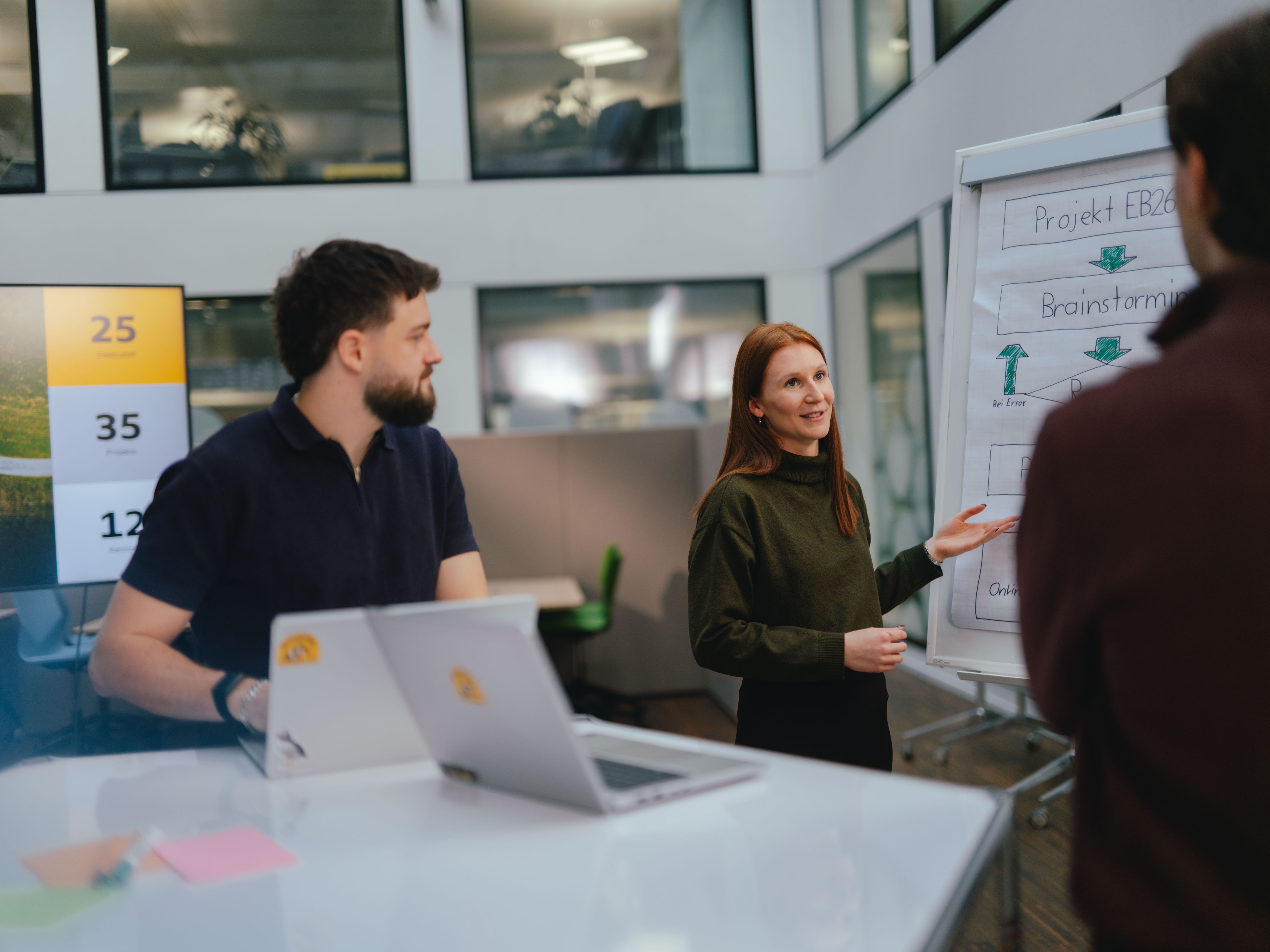 Mehrere Personen befinden sich in einem modernen Bürobereich. Eine Person zeigt auf ein Flipchart, auf dem handgeschriebene Stichpunkte und Pfeile zu sehen sind. Eine weitere Person steht daneben und blickt in Richtung Flipchart. Im Vordergrund ist ein aufgeklappter Laptop auf einem Tisch sichtbar. Der Raum hat grosse Fenster, Glaswände und eine helle Innenarchitektur.