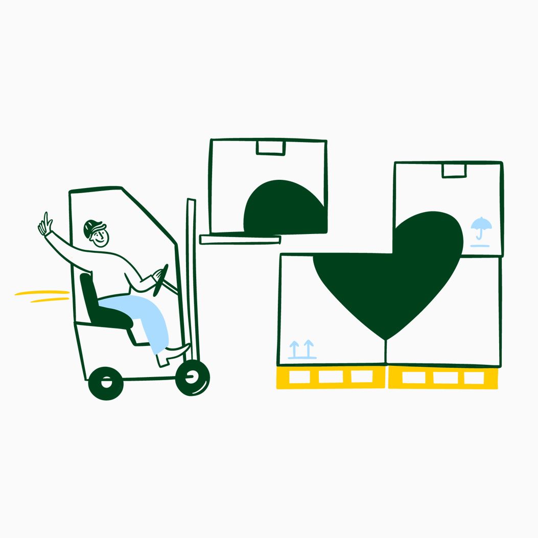 Illustration eines Gabelstaplers mit winkedem Fahrer, der Pakete so stapelt, dass sie zusammen ein Herzmotiv bilden.