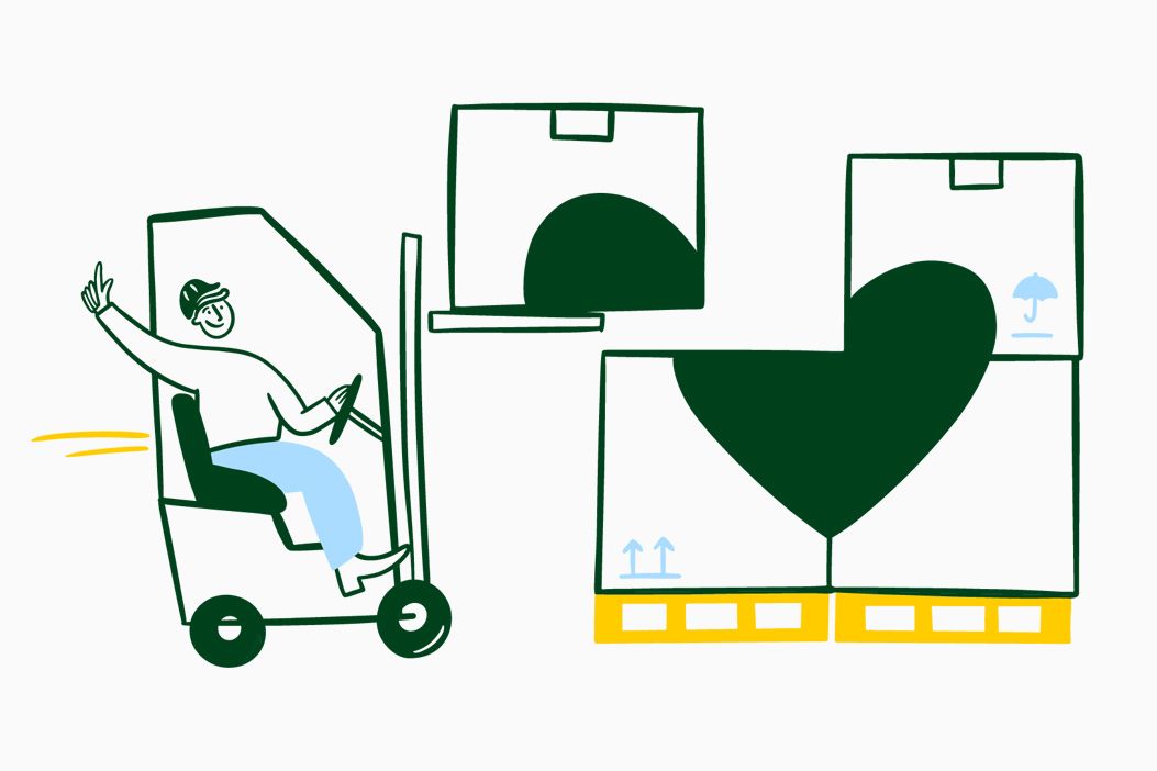 Illustration eines Gabelstaplers mit winkedem Fahrer, der Pakete so stapelt, dass sie zusammen ein Herzmotiv bilden.
