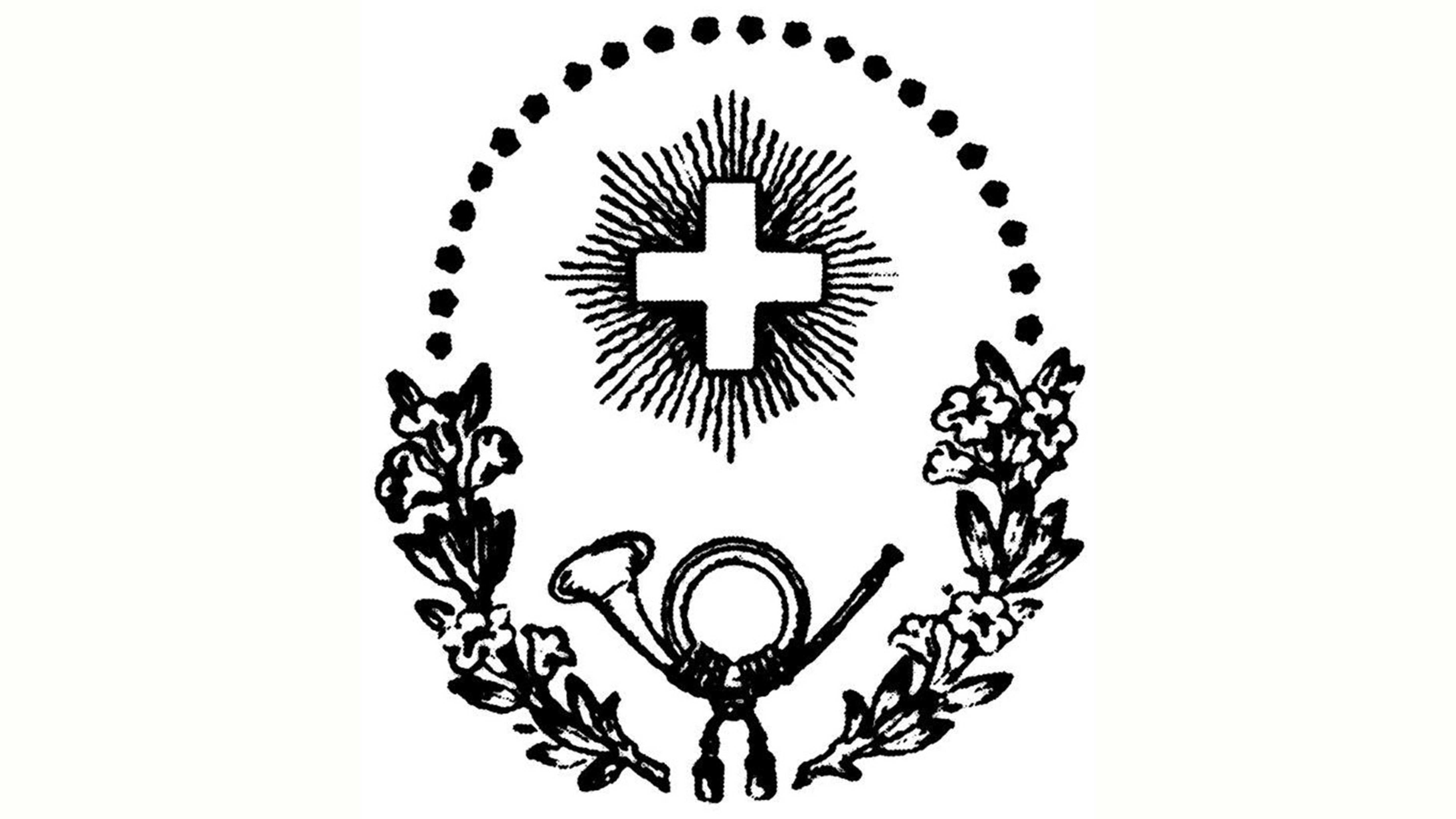 A black‑and‑white emblem features a white cross surrounded by stylized rays. Below it, a postal horn with a cord is shown, flanked by two symmetrical flowering branches. A semicircular arc of dots appears above the central motif.