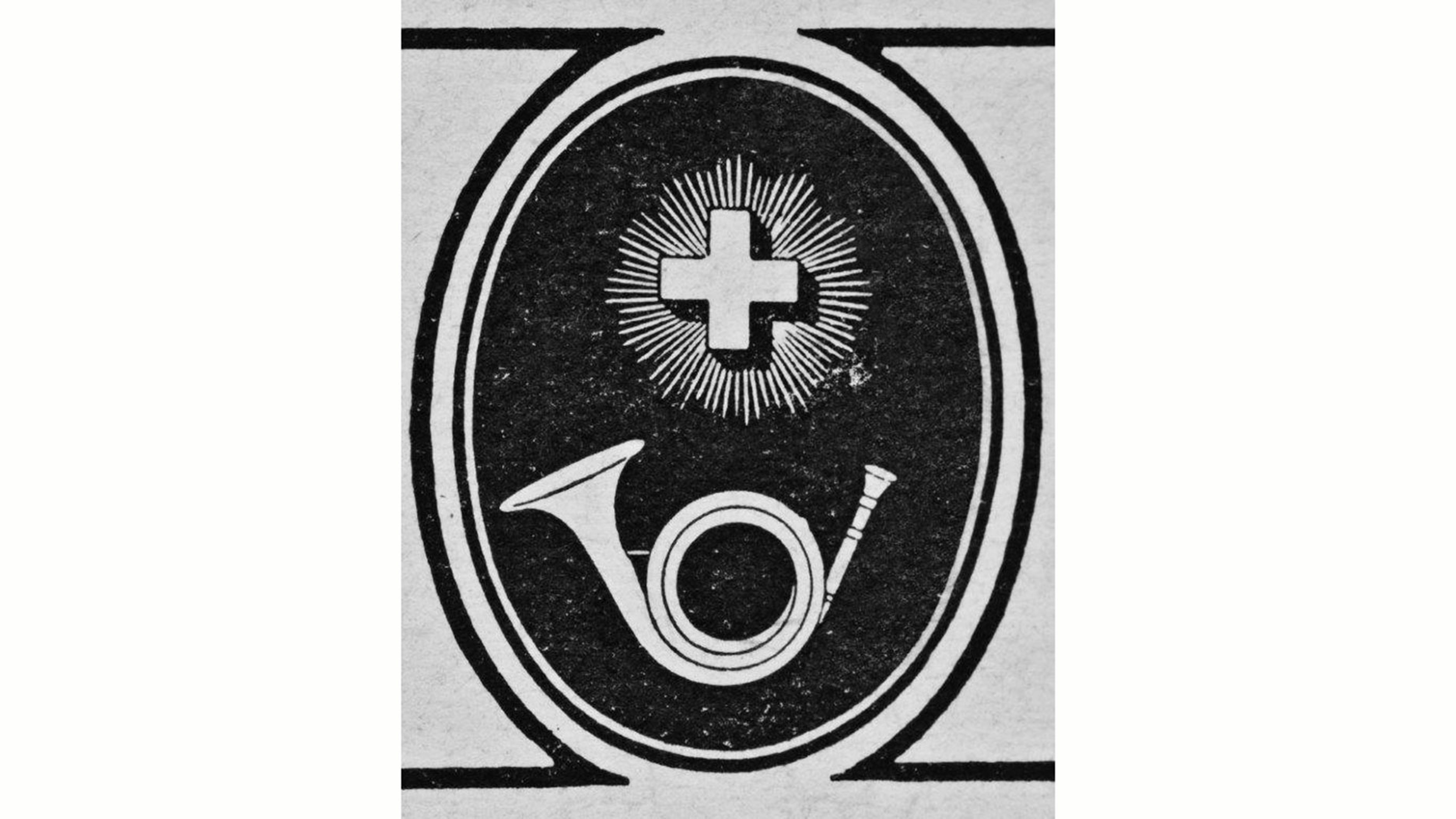 A black‑and‑white emblem framed by an oval border features a white cross set against radiating lines at the top. Below it is a stylized postal horn with a curved tube. The entire design is enclosed within a double oval outline.