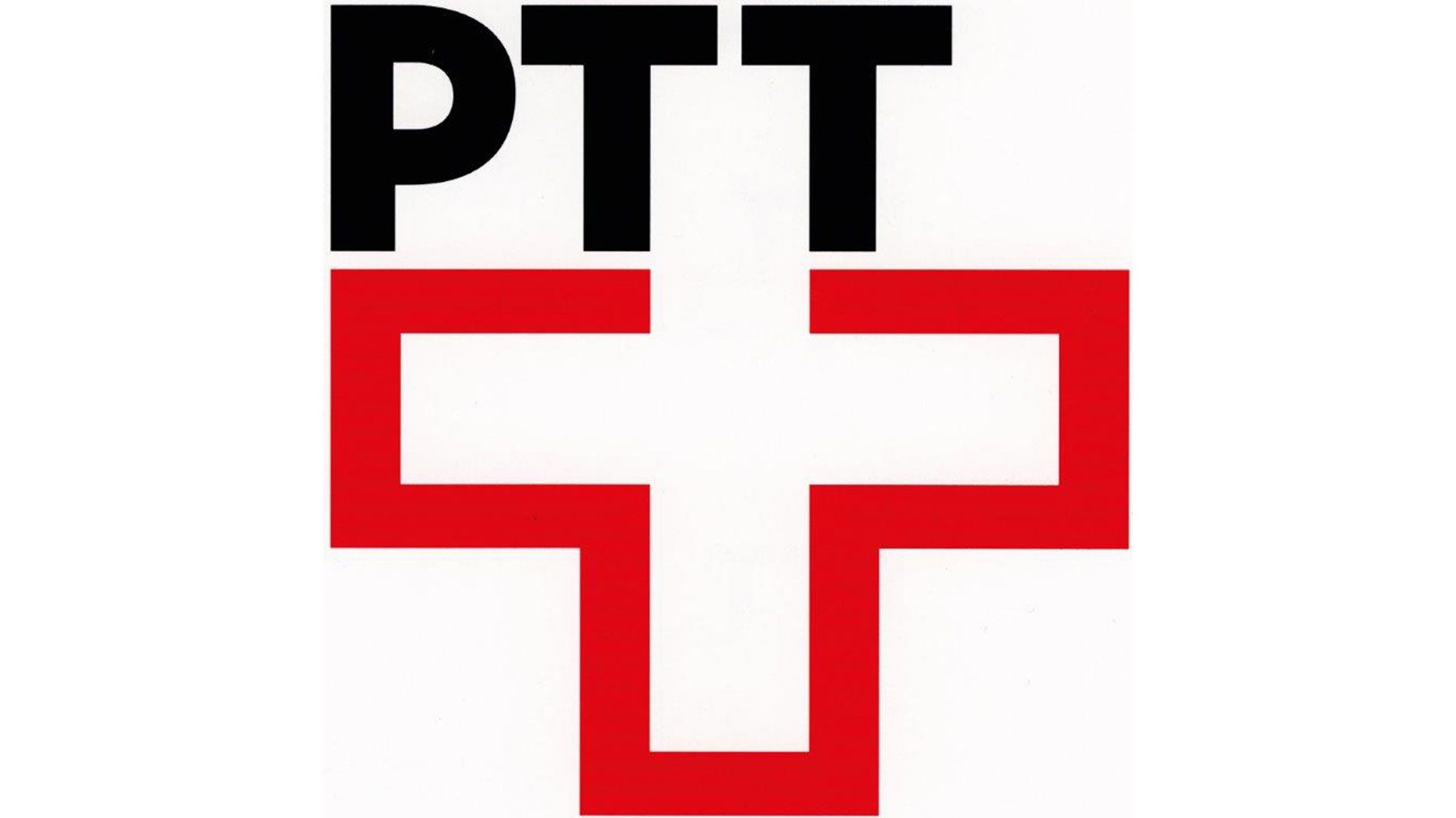 A graphic emblem displays the black letters “PTT” at the top. Below them is a large cross with a thick red outline and a white interior. The shapes are clean, geometric, and placed on a white background.