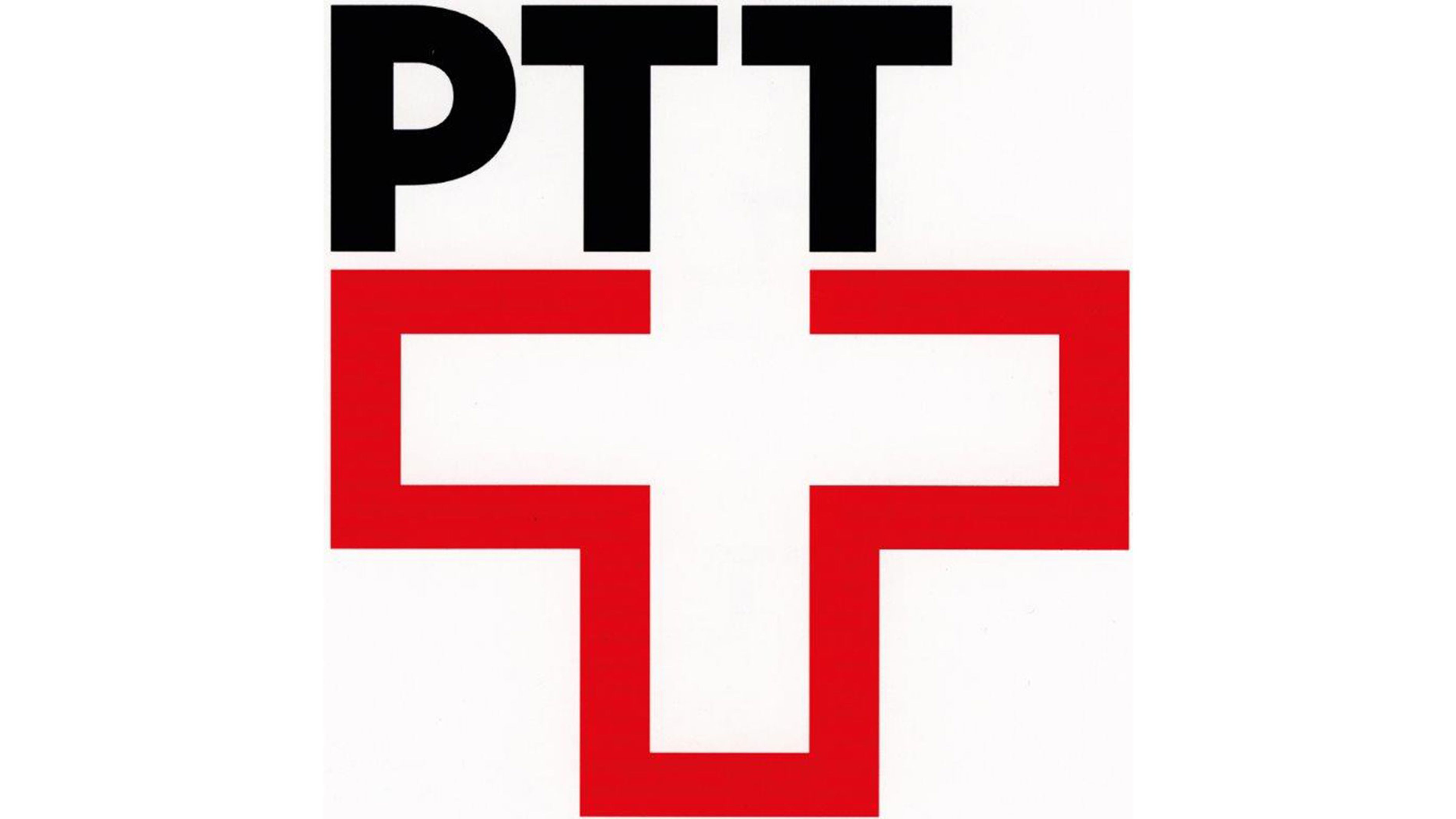 A graphic emblem displays the black letters “PTT” at the top. Below them is a large cross with a thick red outline and a white interior. The shapes are clean, geometric, and placed on a white background.