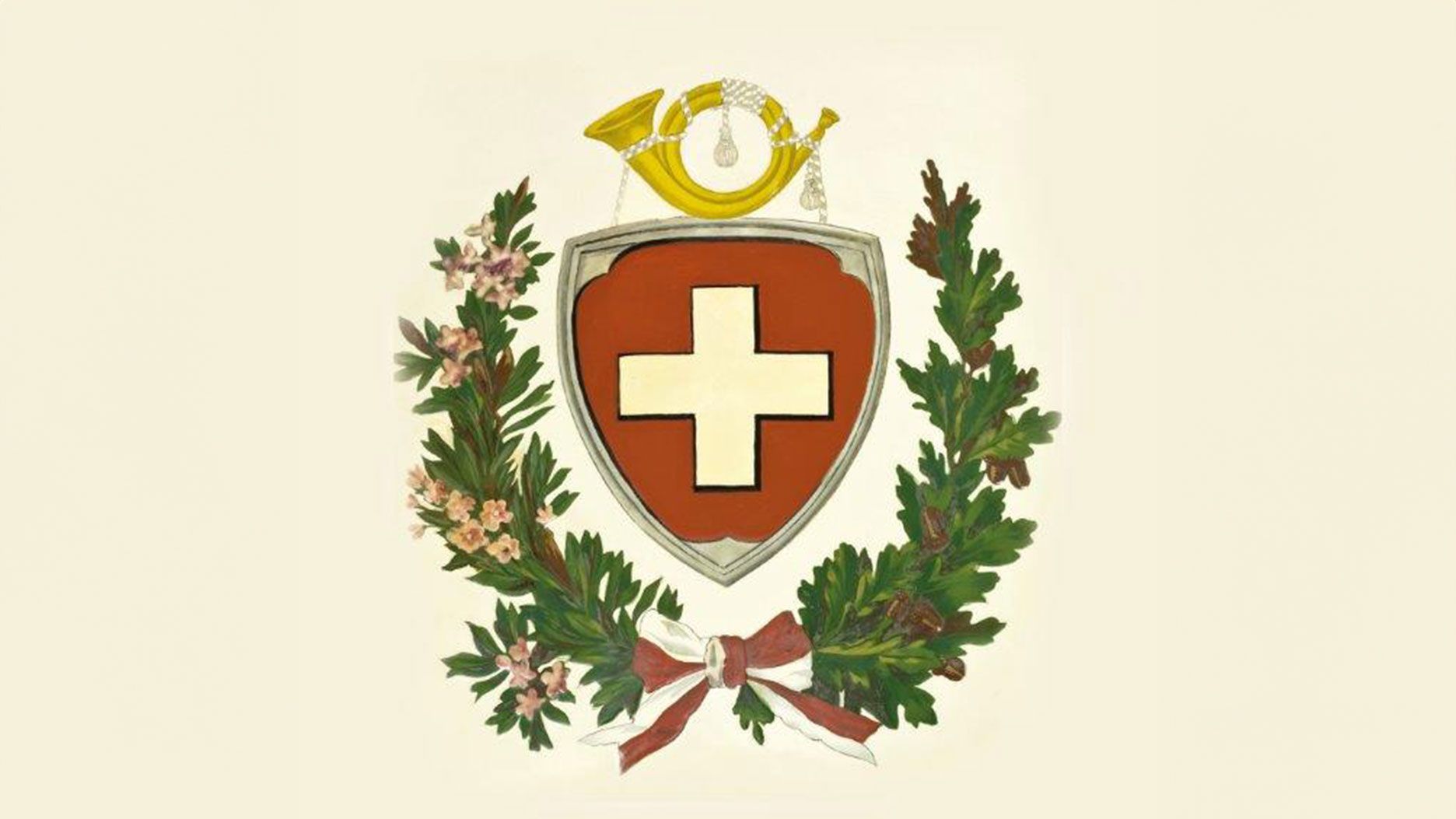 An illustrated emblem features a red shield with a white cross in the center. Above the shield is a yellow postal horn with a carrying cord. The emblem is framed by green branches with pink and brown accents, joined at the bottom by a red‑and‑white ribbon.
