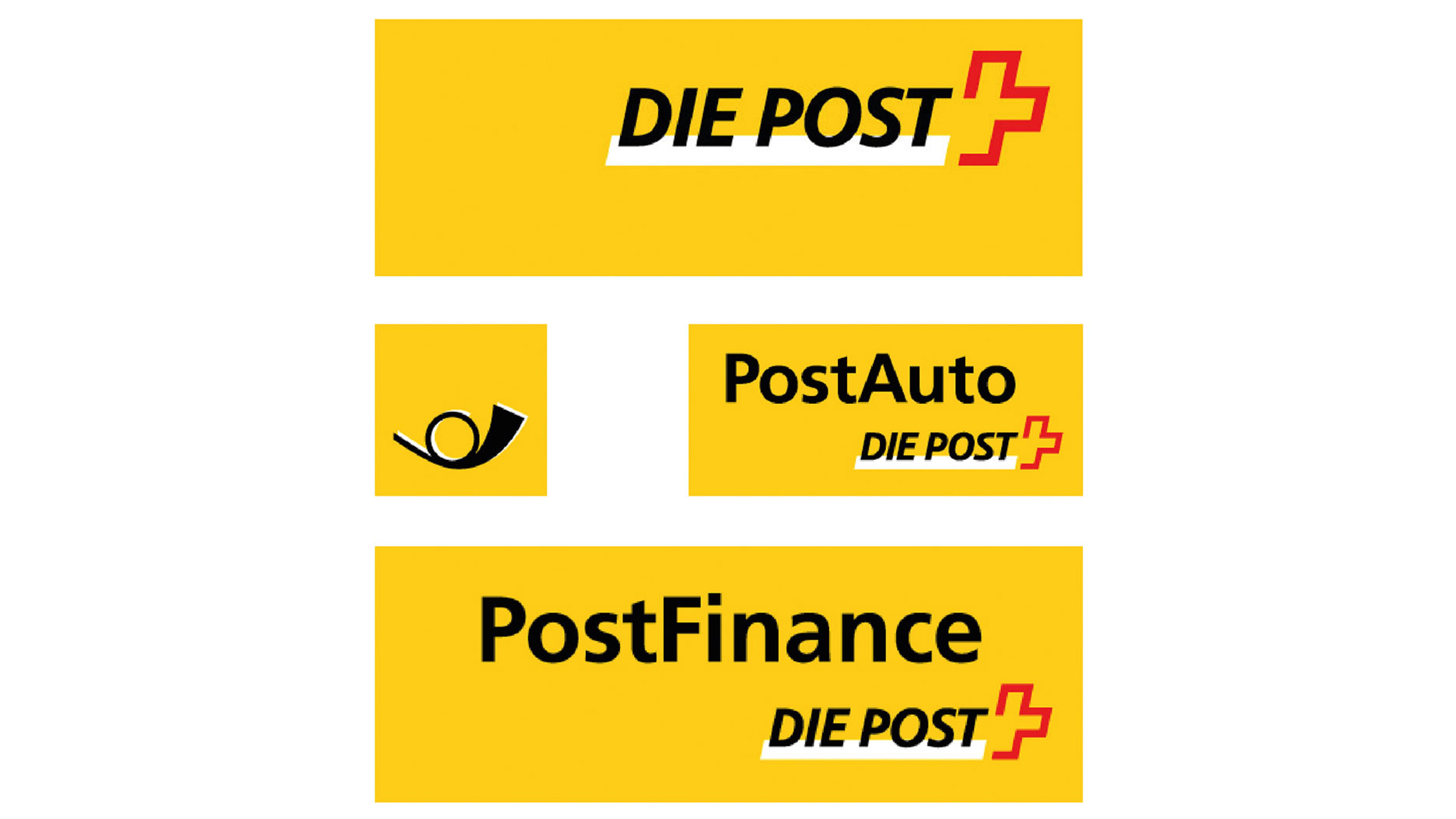 The image shows several yellow rectangles with different labels. At the top, “DIE POST” appears in black letters next to a red angular cross symbol. Below it is a yellow square featuring a stylized black postal horn. To the right is “PostAuto” in black, with “DIE POST” and the red cross symbol beneath it. At the bottom, a large yellow rectangle displays “PostFinance,” again accompanied by “DIE POST” and the red cross symbol.
