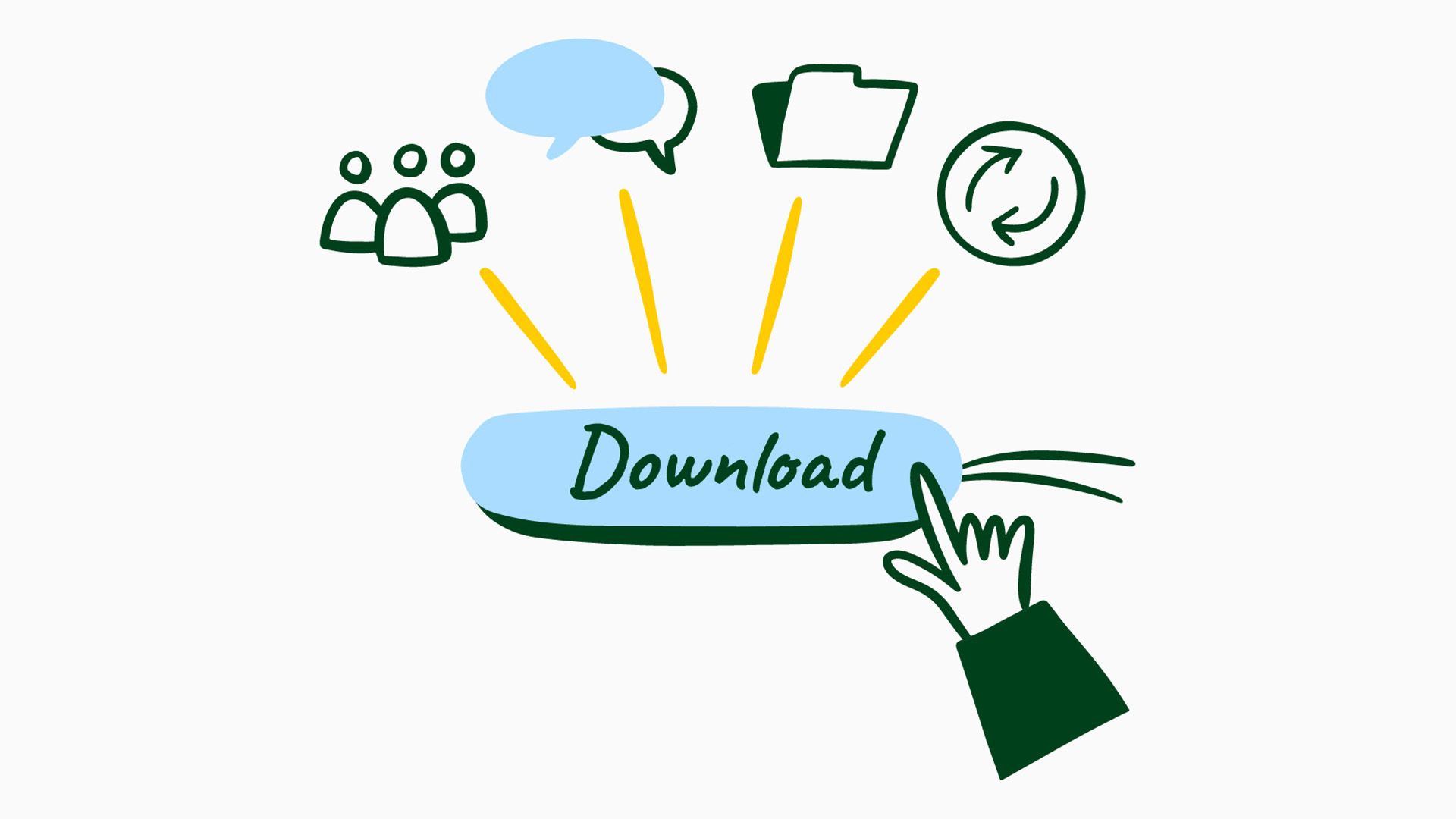 Illustration of a hand clicking on a glowing “Download” button. Above, four symbols are arranged: three figures, two speech bubbles, a folder, and a circle with two arrows.