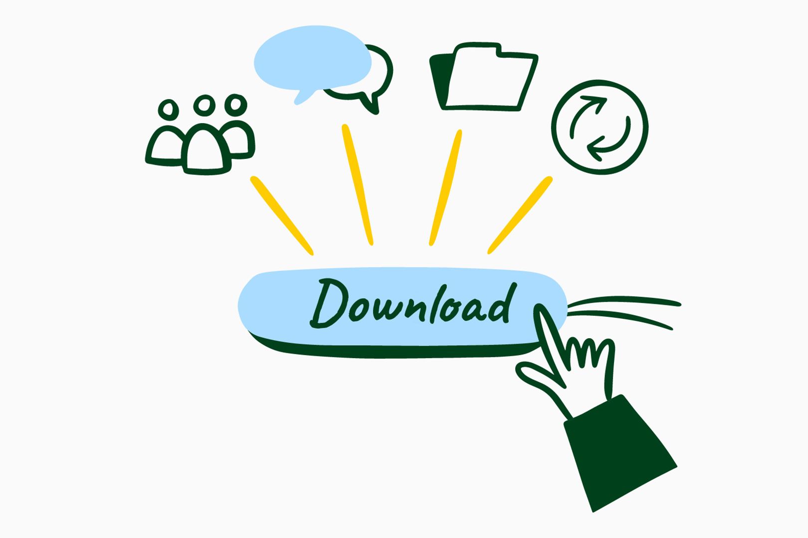 Illustration of a hand clicking on a glowing “Download” button. Above, four symbols are arranged: three figures, two speech bubbles, a folder, and a circle with two arrows.