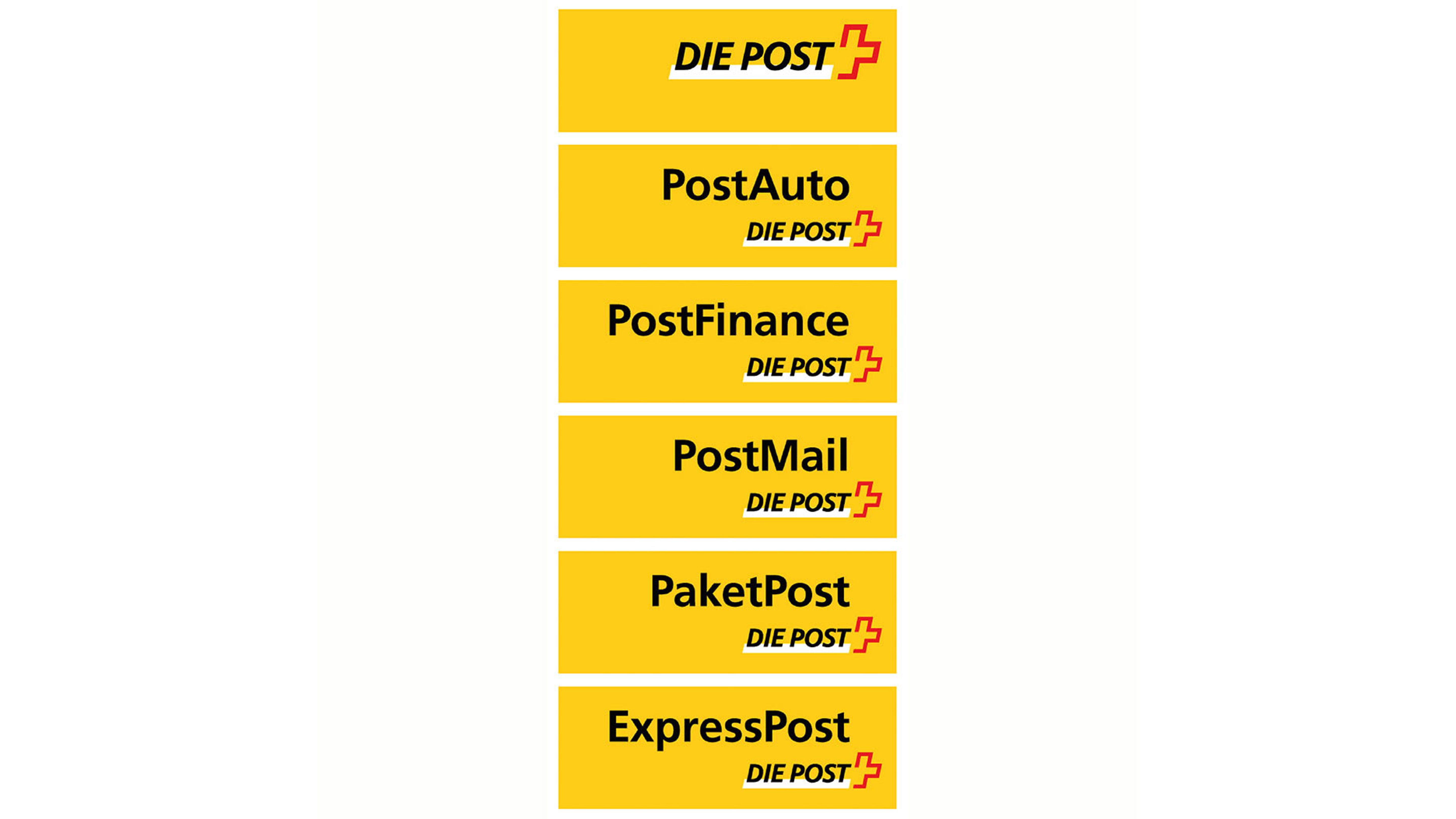 A yellow background displays five vertically arranged labels: “DIE POST” with a red angular cross symbol; “PostAuto” with “DIE POST” and the same symbol; “PostFinance” with “DIE POST”; “PostMail” with “DIE POST”; and “PaketPost” and “ExpressPost,” each accompanied by “DIE POST” and the red cross symbol. All elements are rendered in black and red on a yellow background.