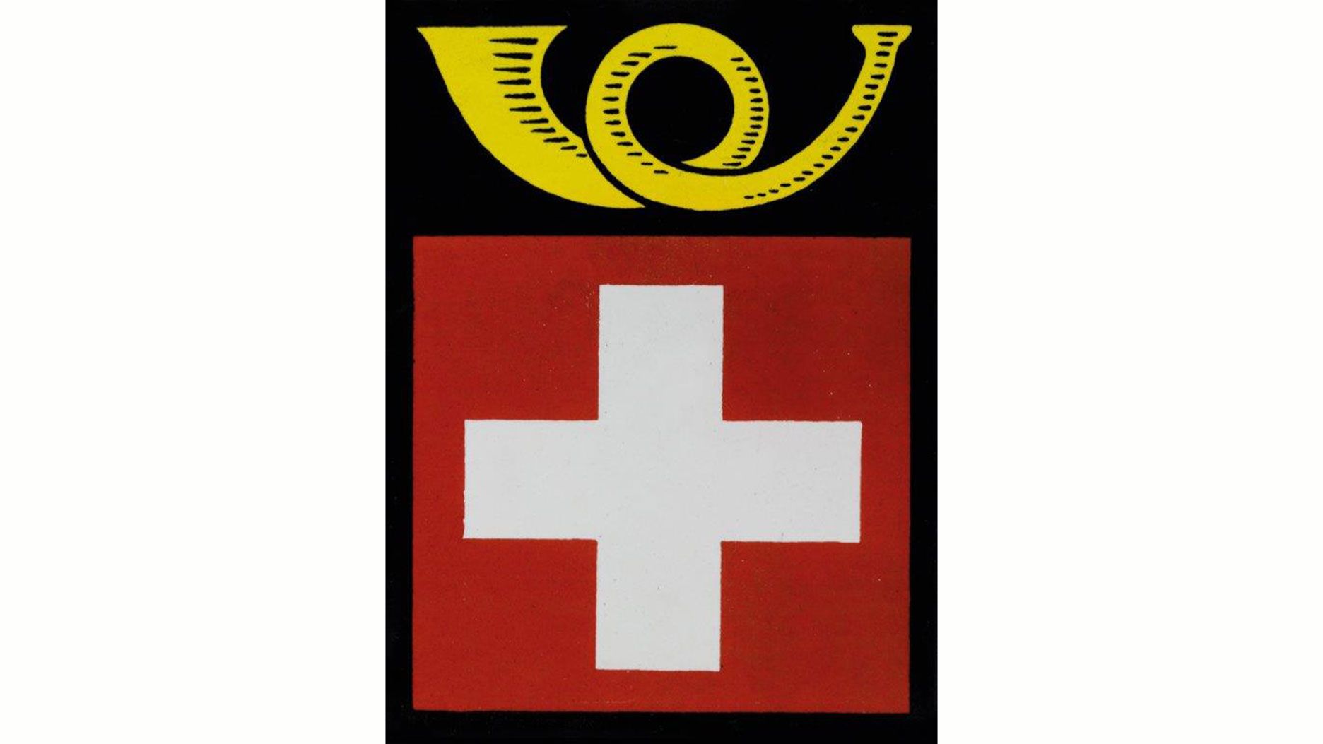 A rectangular emblem features a stylized yellow postal horn at the top on a black background. Below it is a red panel containing a white cross at the center. The design uses clean, clearly defined graphic shapes.