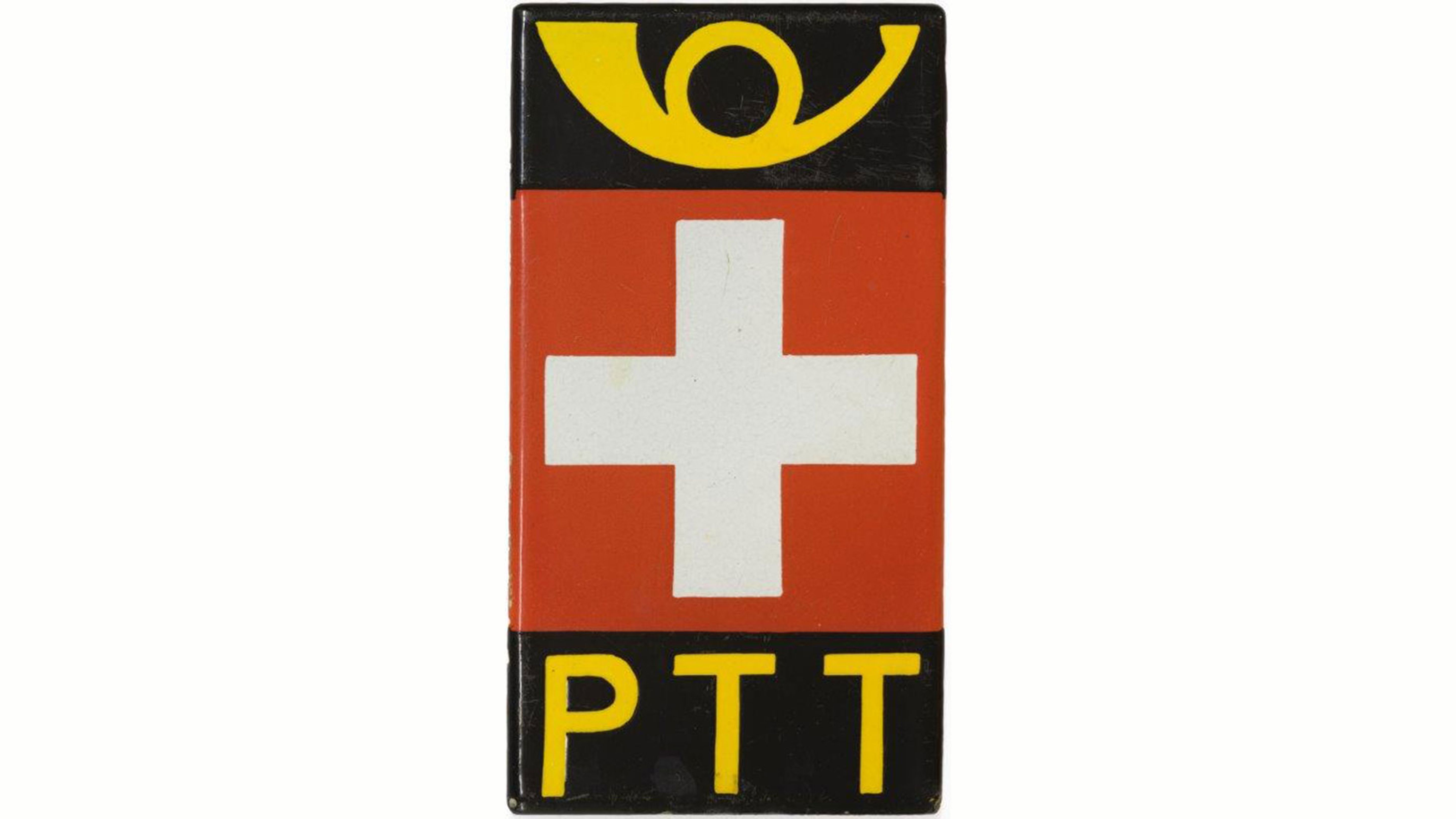 A rectangular emblem features a stylized yellow postal horn at the top on a black background. Below it is a red panel with a white cross. At the bottom, the letters “PTT” appear in yellow on a black background. The design uses clean, simple graphic elements.