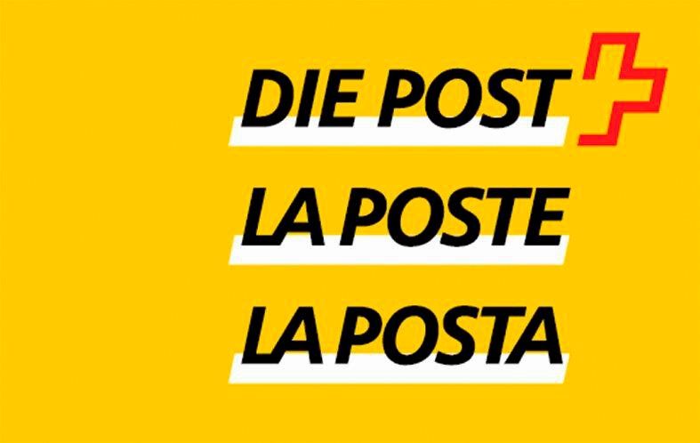 A yellow background displays three black text lines: “DIE POST,” “LA POSTE,” and “LA POSTA,” each with a white underline. To the right of “DIE POST” is a red angular cross symbol.