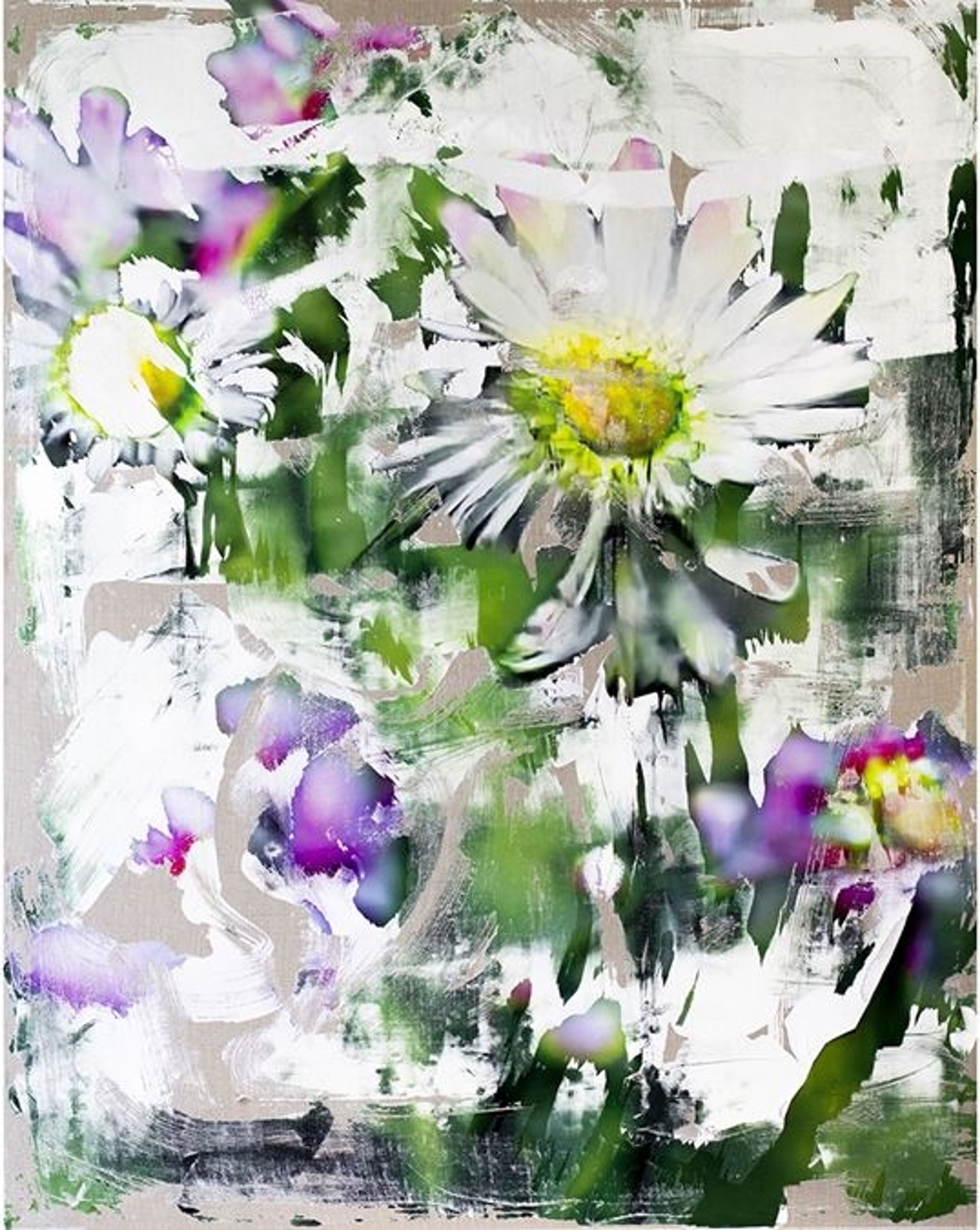 Pittura a fiori astratta con toni dominanti bianchi e verdi, accenti lilla.