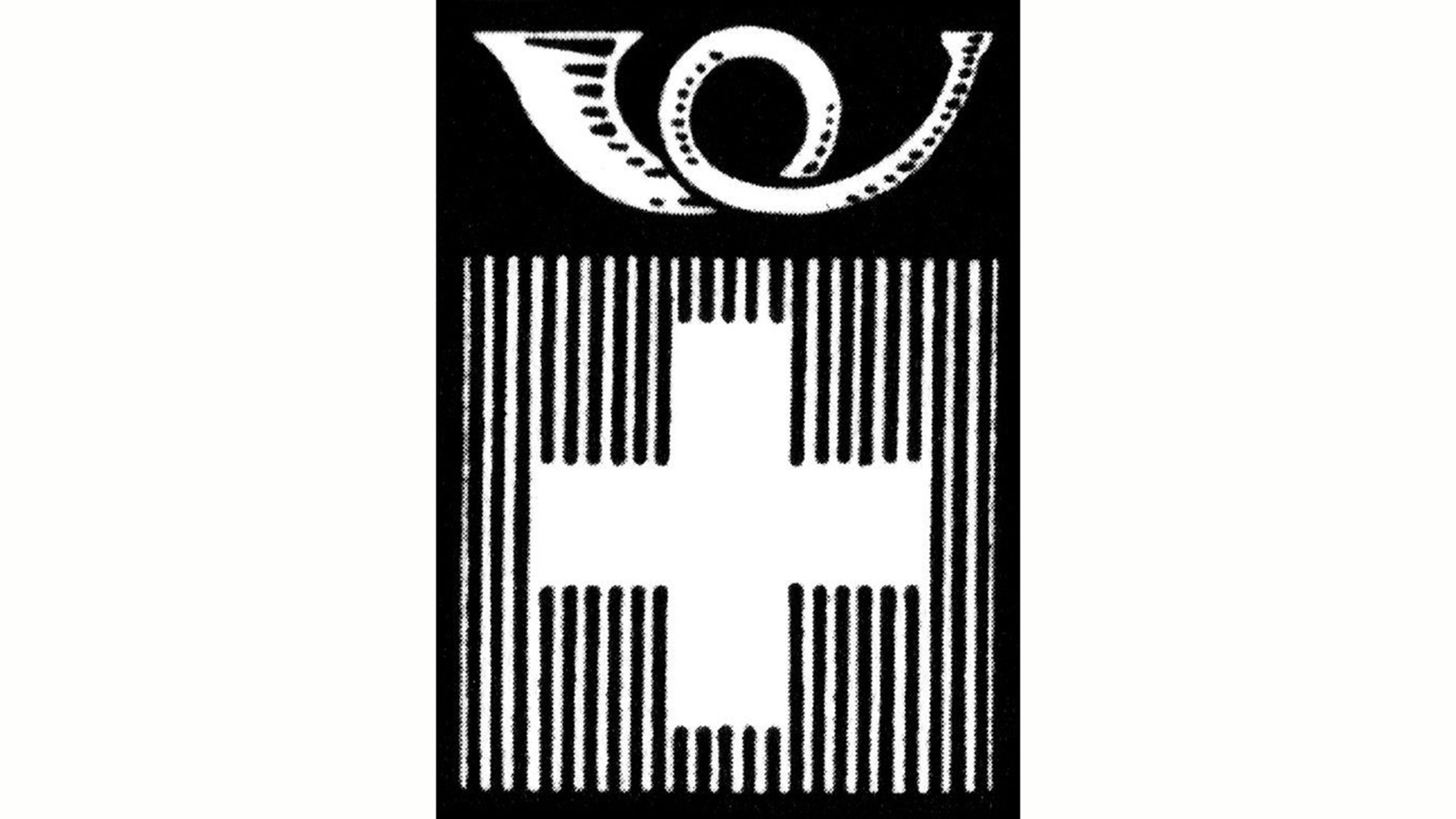 A black‑and‑white emblem features a stylized postal horn at the top. Below it is a white cross framed by dense vertical lines. The overall design is rectangular and strongly contrasted.