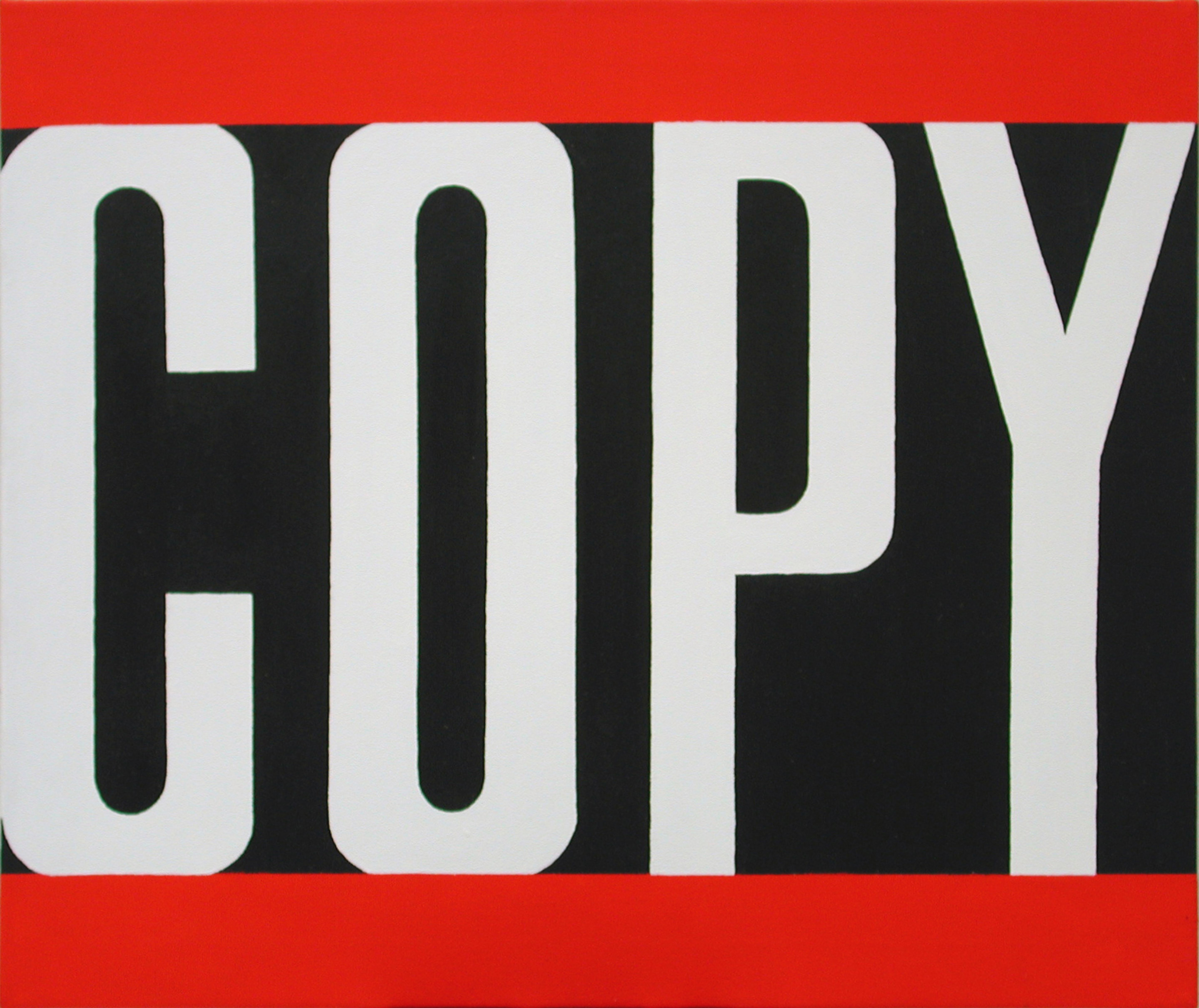 Lettere bianche «COPY» su sfondo nero con barra rossa in alto e in basso.