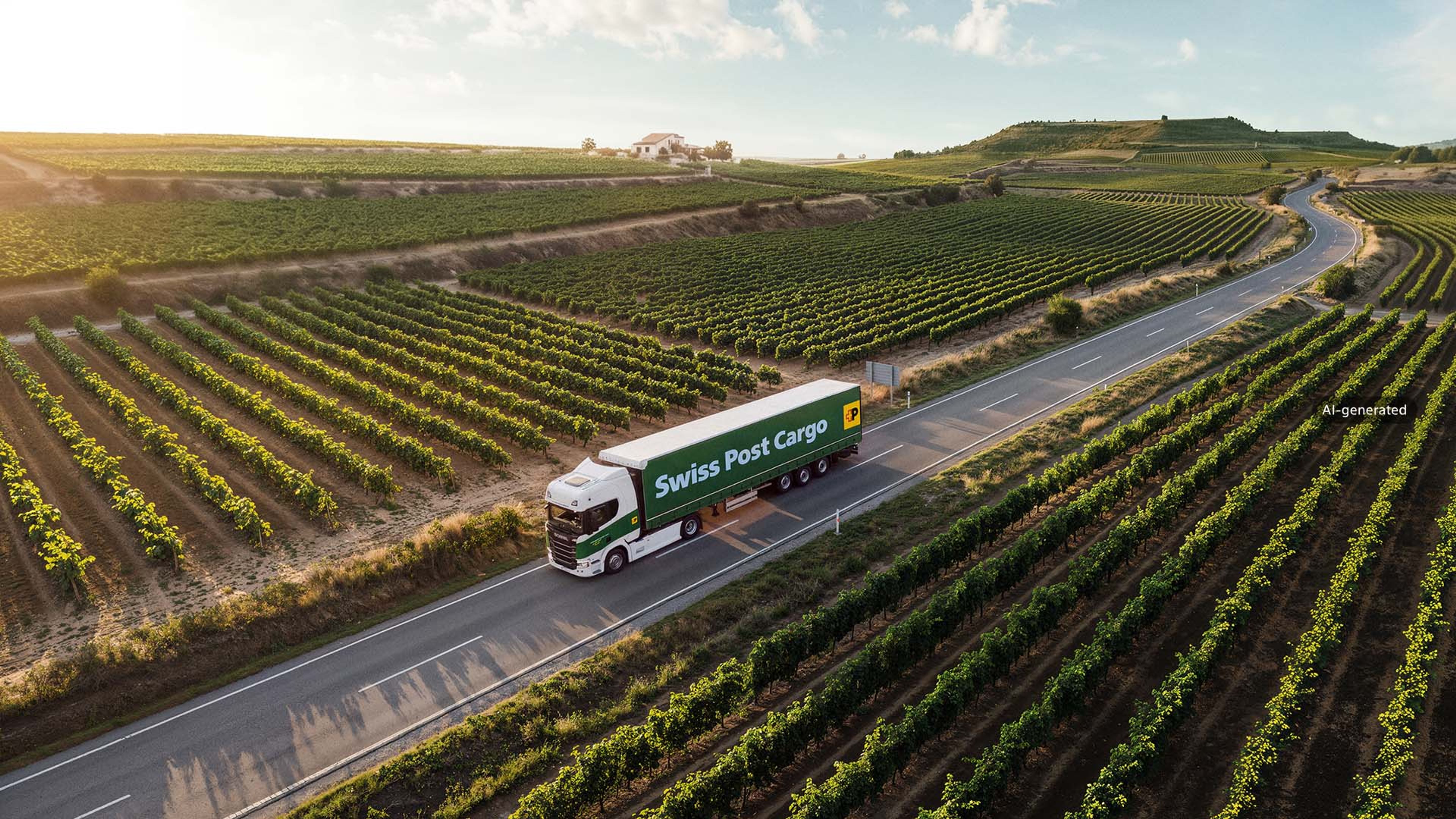 Un autocarro di Swiss Post Cargo attraversa al tramonto un paesaggio costellato di vigneti e case di campagna.