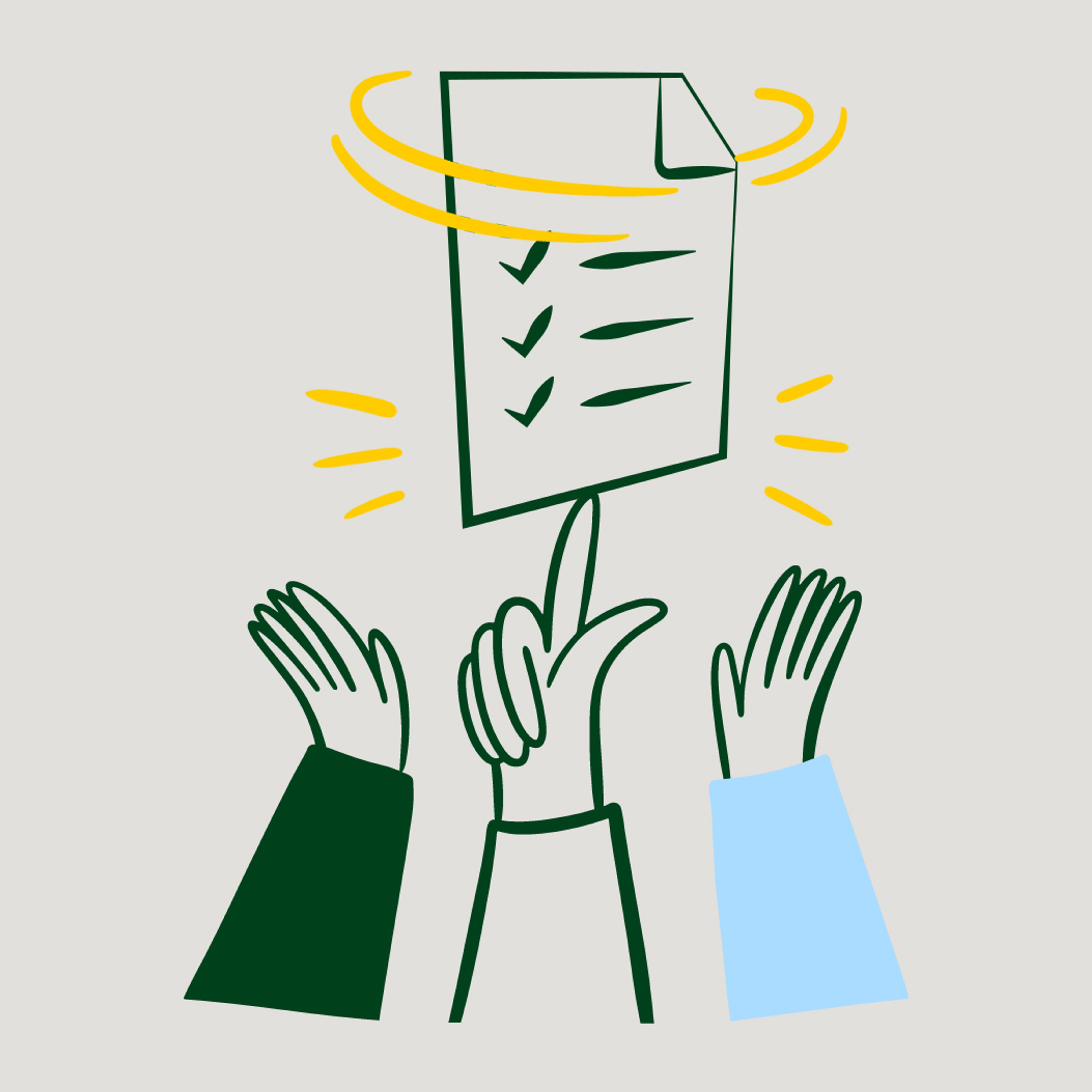 Illustration d'un certificat sur une main en équilibre, avec deux mains levées à côté.