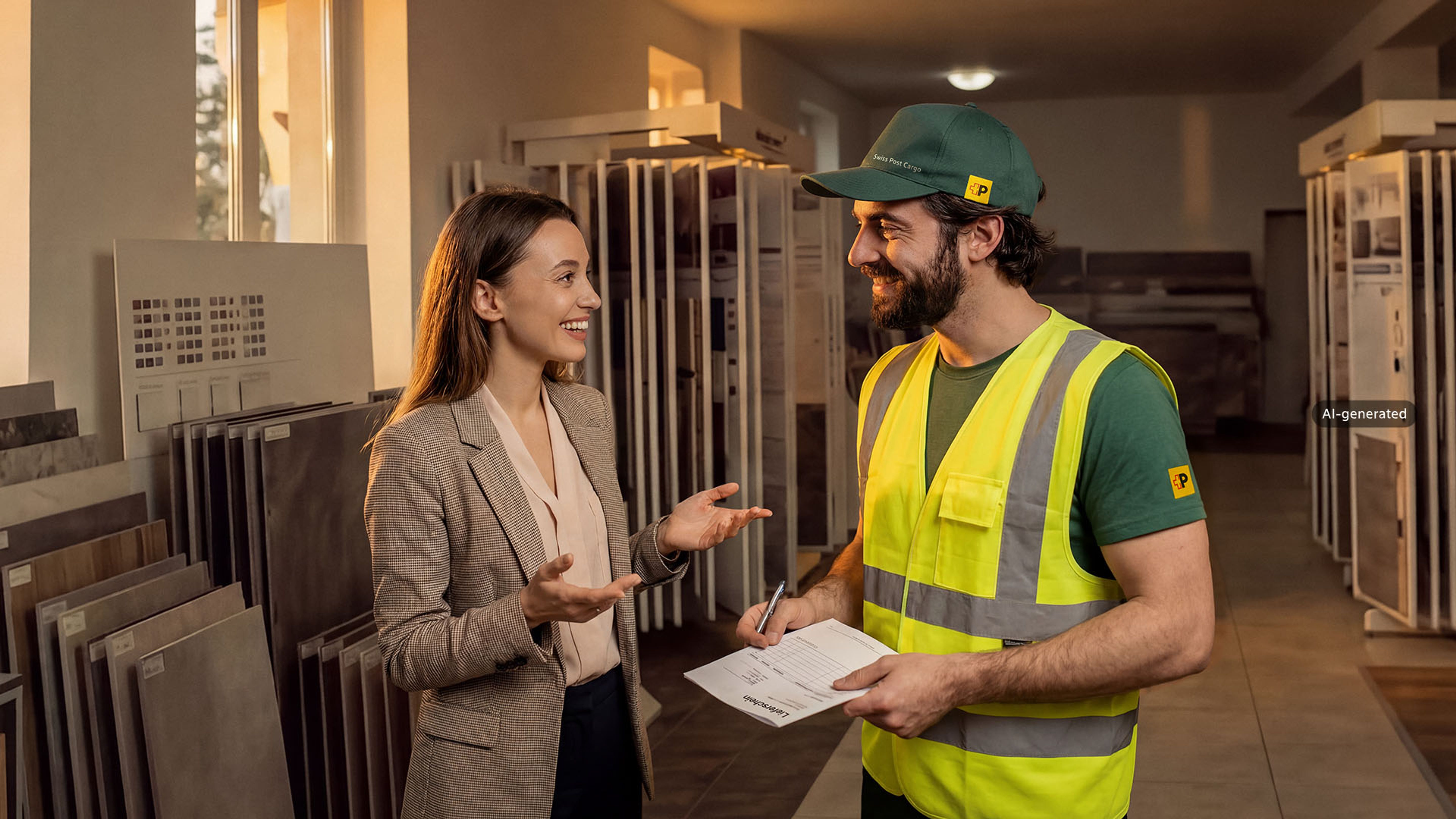 Due persone si trovano in un ambiente interno tra espositori di campioni di ceramica per l’edilizia, piastrelle e lastre ceramiche. Una persona parla con un collaboratore di Swiss Post Cargo, che tiene in mano un un documento di consegna.