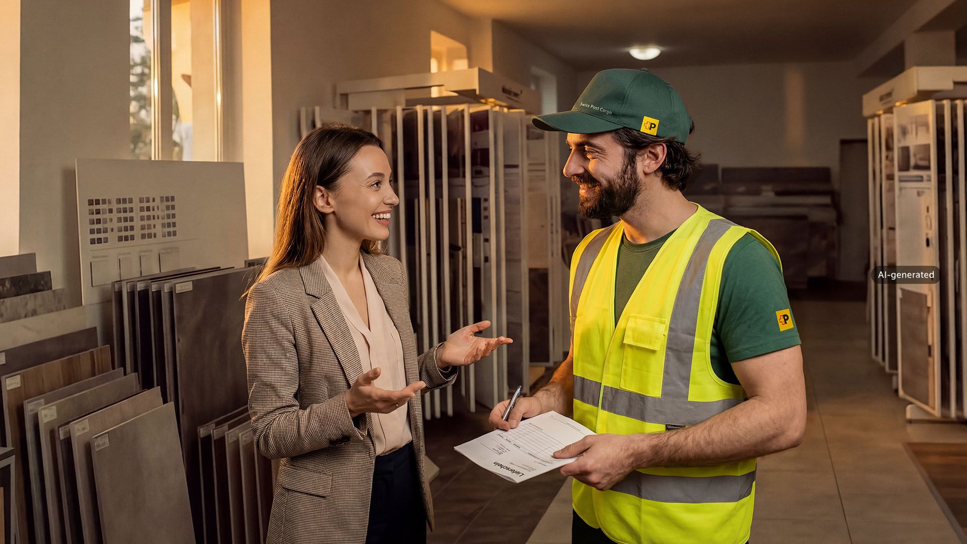 Due persone si trovano in un ambiente interno tra espositori di campioni di ceramica per l’edilizia, piastrelle e lastre ceramiche. Una persona parla con un collaboratore di Swiss Post Cargo, che tiene in mano un un documento di consegna.