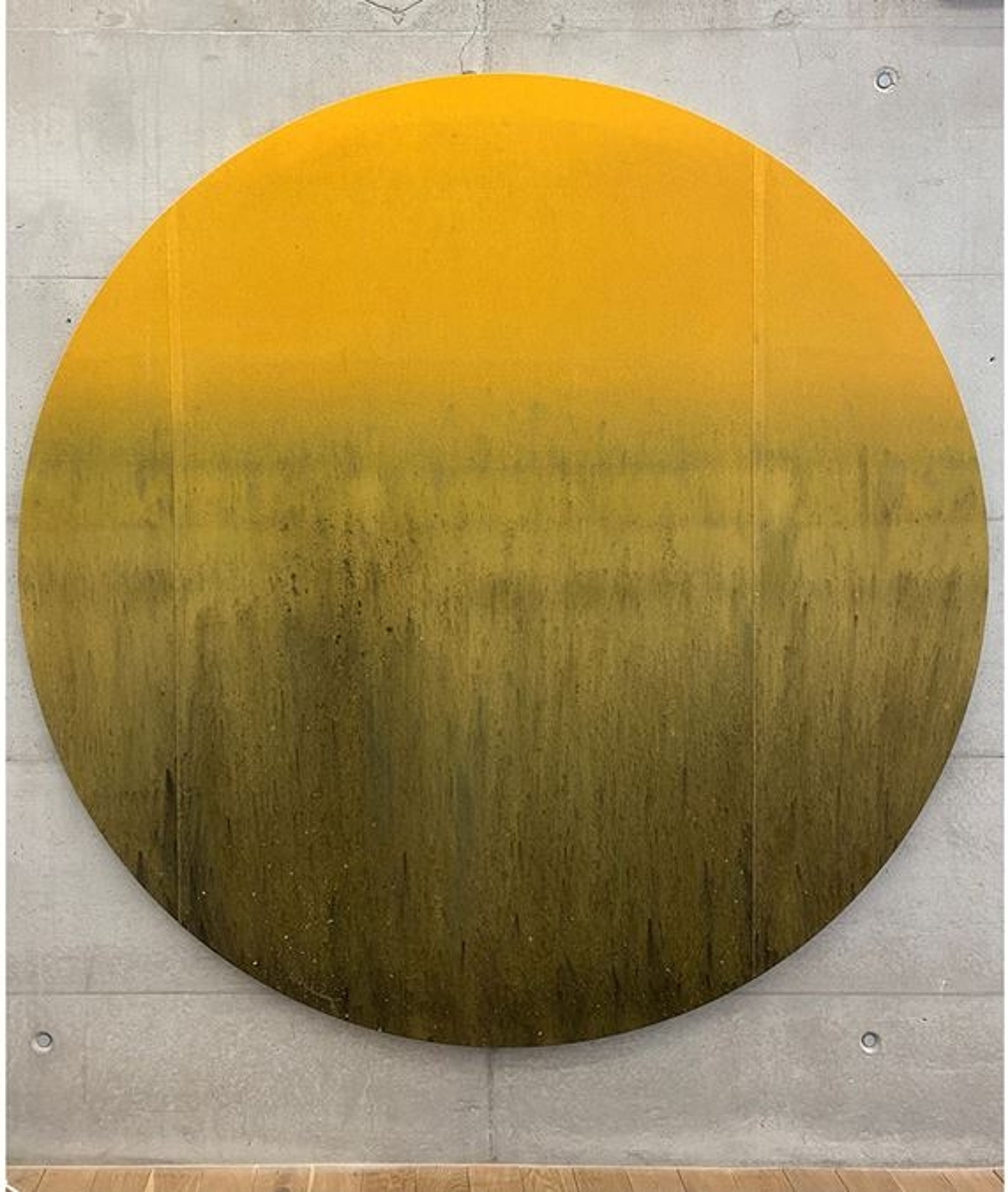 Un’opera d’arte rotonda con una sfumatura cromatica da giallo a verde è appesa a una parete di cemento.