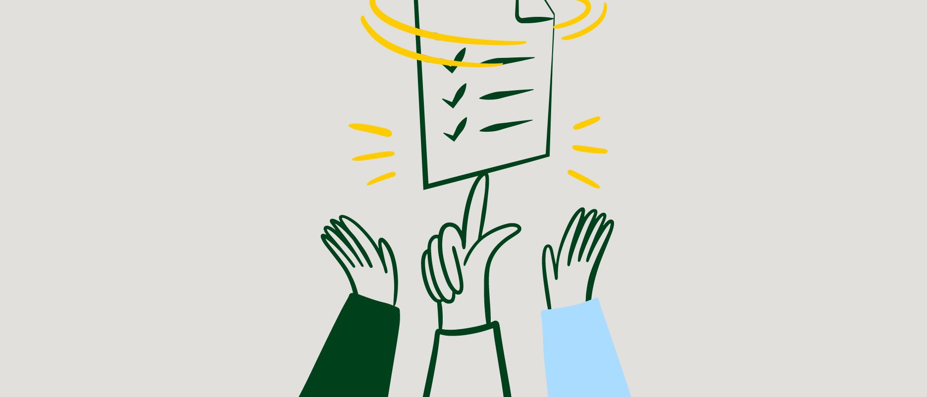 Illustration eines Zertifikats auf einer balancierenden Hand, mit zwei erhobenen Händen daneben.