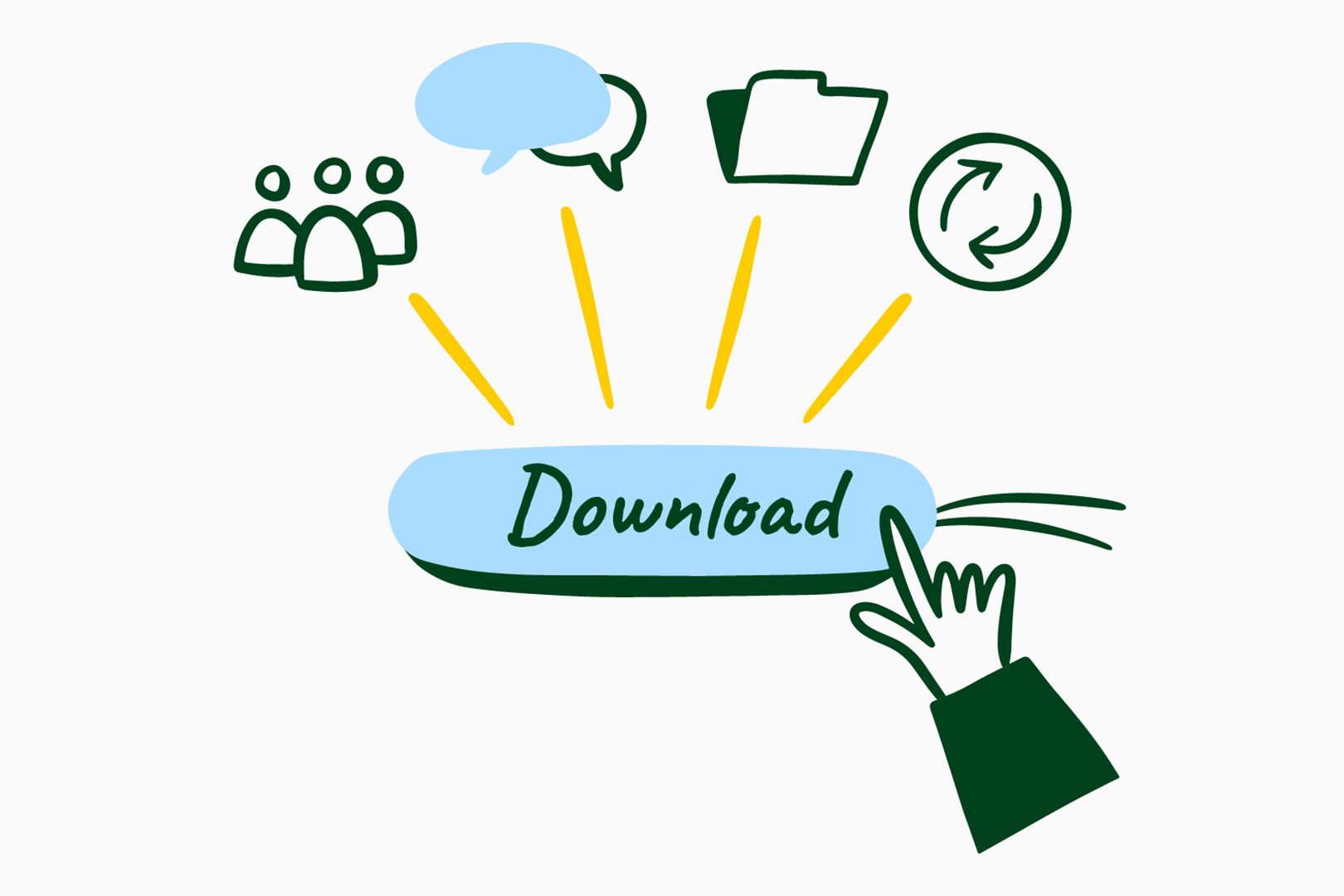 Illustration einer Hand, die auf eine leuchtende «Download»-Taste klickt. Darüber sind vier Symbole angeordnet: drei Figuren, zwei Sprechblasen, ein Ordner und ein Kreis mit zwei Pfeilen.